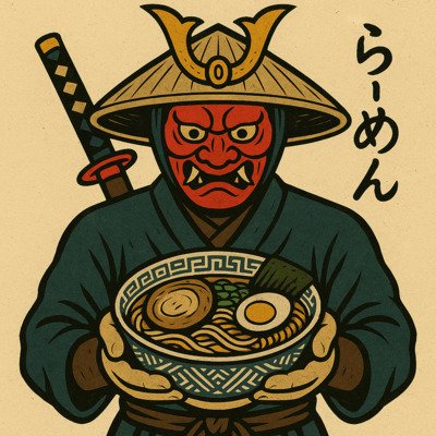 yatai no bushi con in mano una ciotola di ramen